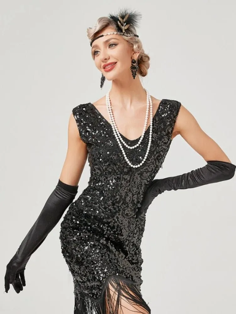 1920s Vintage Sequin Dress in A-Line Style with Embroidery Detailing