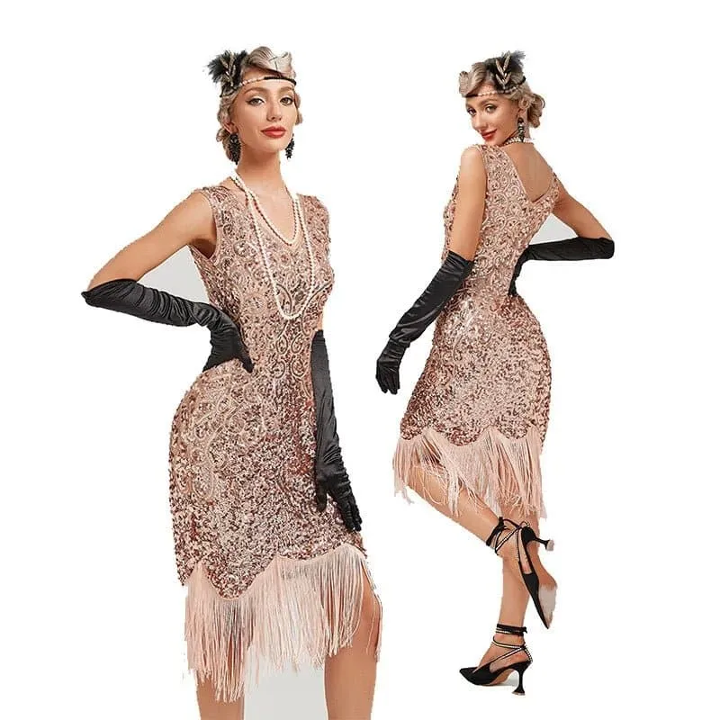 1920s Vintage Sequin Dress in A-Line Style with Embroidery Detailing