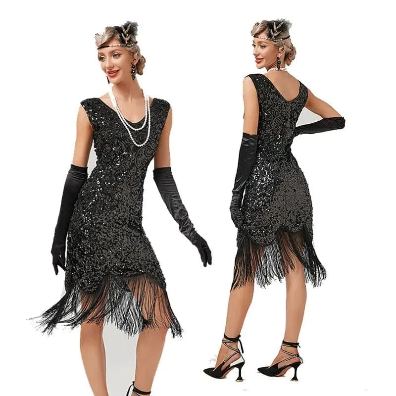 1920s Vintage Sequin Dress in A-Line Style with Embroidery Detailing