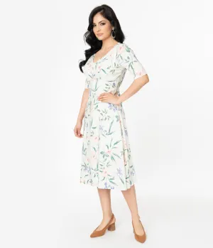 1940s Style Ivory Floral Dress