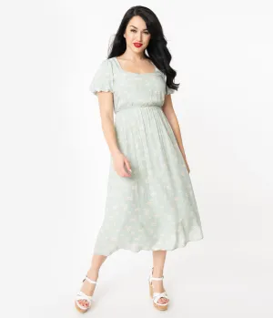 1940s Style Mint Floral Print Dress