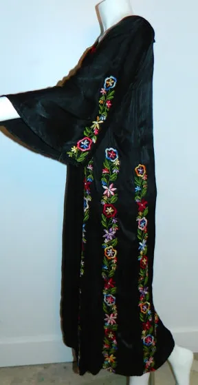 1940s vintage black EMBROIDERED caftan rayon satin gown OS