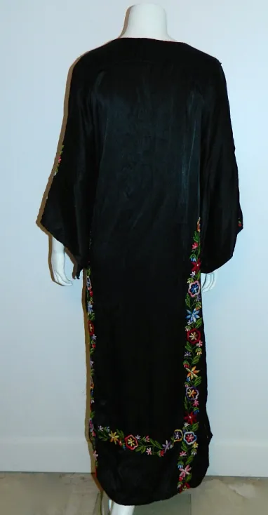 1940s vintage black EMBROIDERED caftan rayon satin gown OS