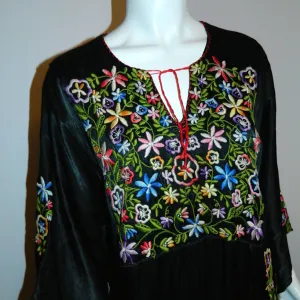 1940s vintage black EMBROIDERED caftan rayon satin gown OS