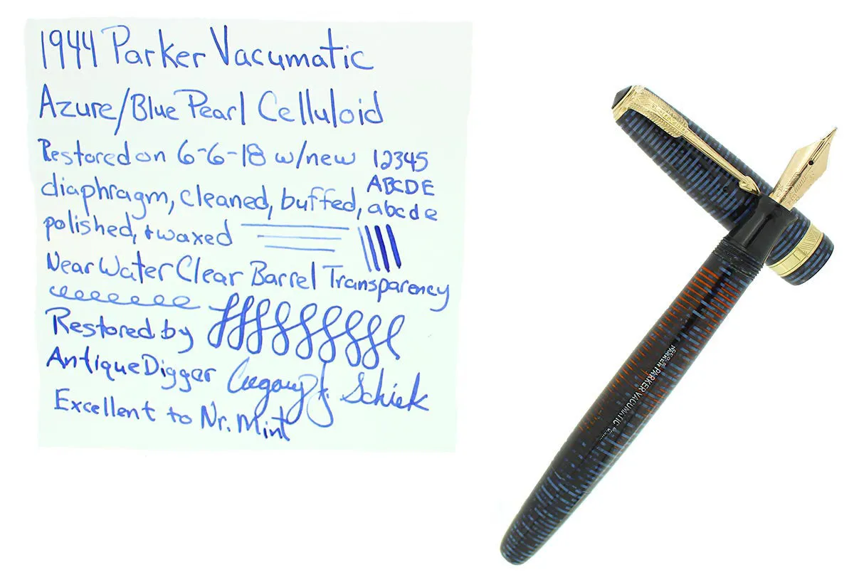 1944 PARKER AZURE PEARL VACUMATIC MAJOR FOUNTAIN PEN GORGEOUS COLOR RESTORED