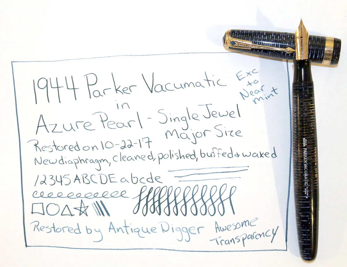 1944 PARKER AZURE PEARL VACUMATIC MAJOR FOUNTAIN PEN NEAR MINT CONDITION AND RESTORED