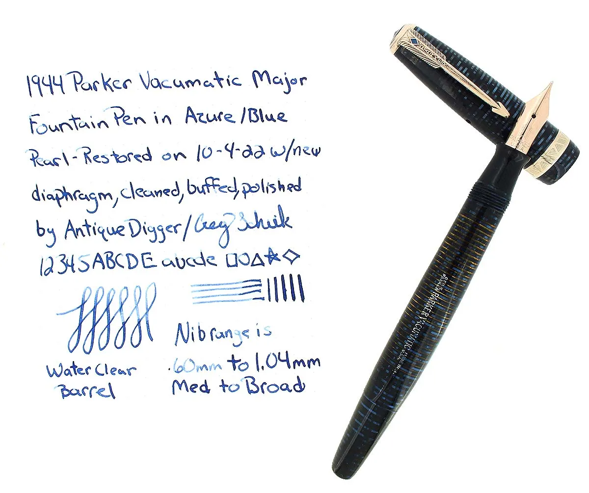 1944 PARKER MAJOR VACUMATIC AZURE BLUE PEARL FOUNTAIN PEN RESTORED