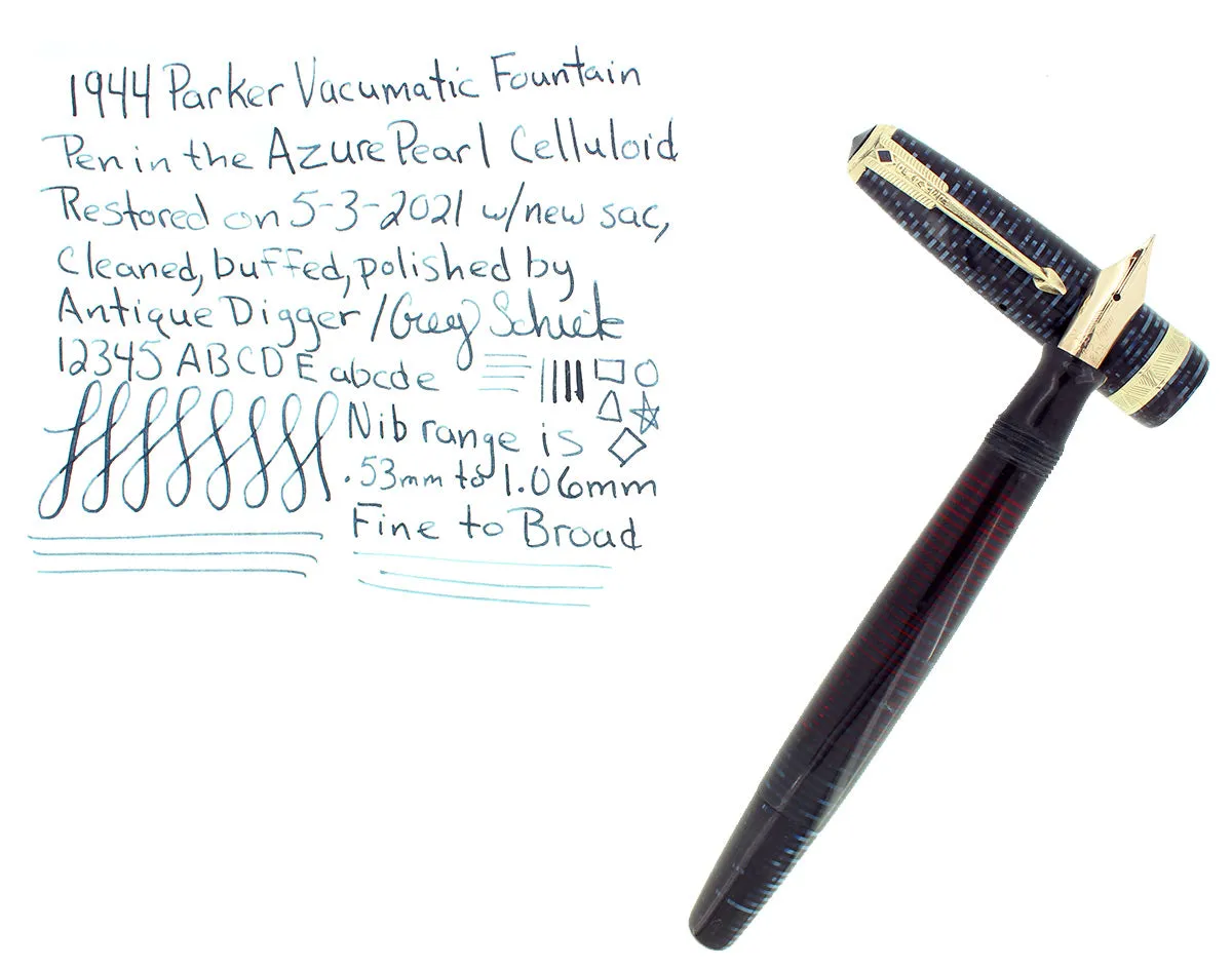 1944 PARKER VACUMATIC MAJOR AZURE BLUE PEARL FOUNTAIN PEN RESTORED