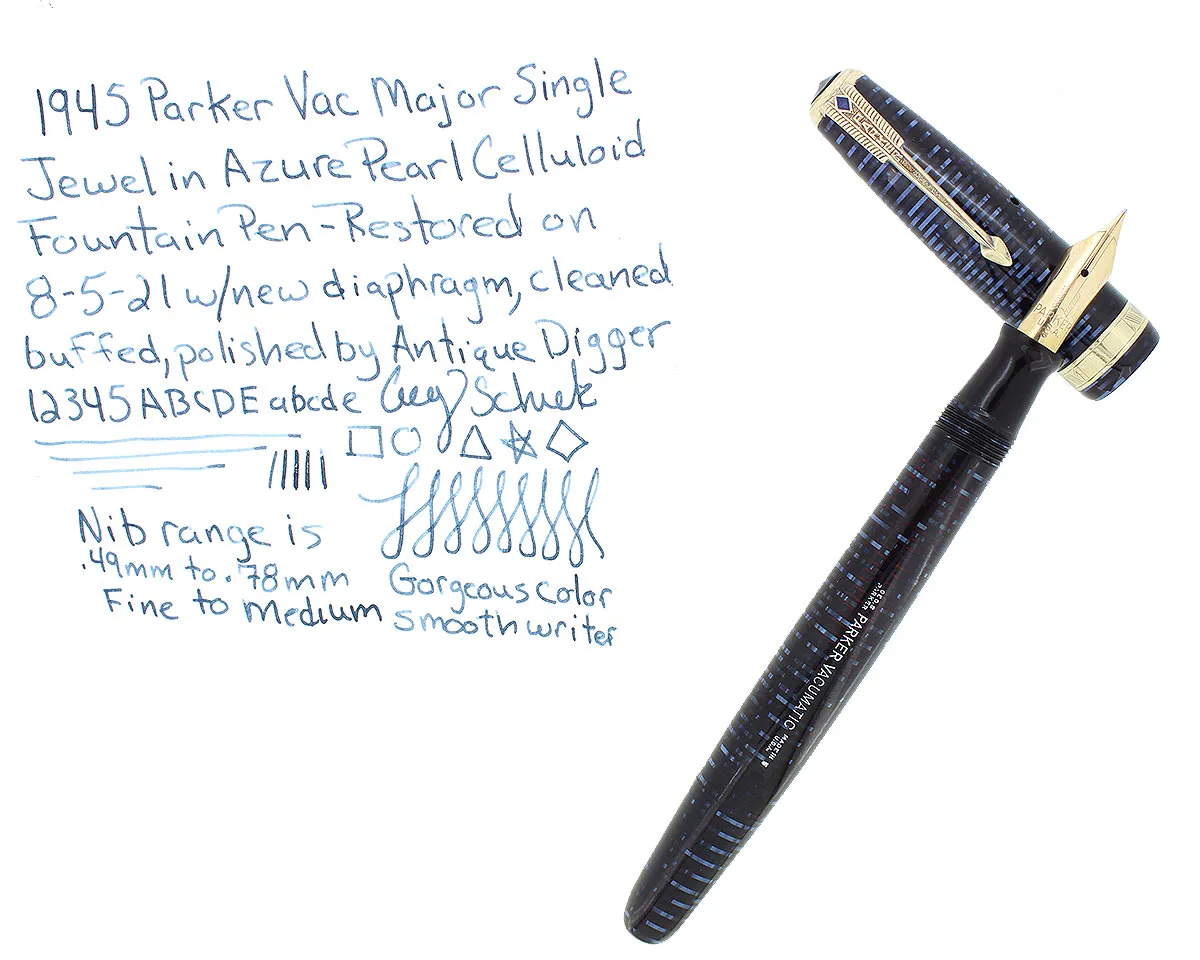 1945 PARKER VACUMATIC MAJOR AZURE BLUE PEARL FOUNTAIN PEN RESTORED VIBRANT COLOR