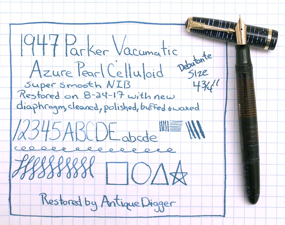 1947 PARKER AZURE BLUE PEARL VACUMATIC DEBUTANTE FOUNTAIN PEN F - BB NIB RESTORED