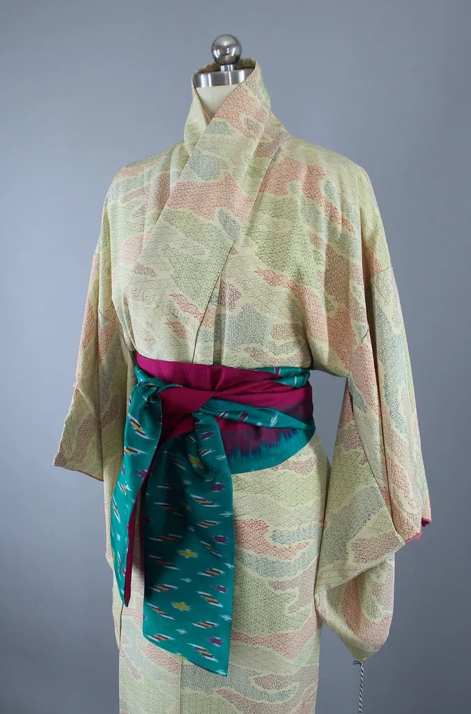 1950s Vintage Silk Kimono Robe / Yellow Magenta Tiny Print