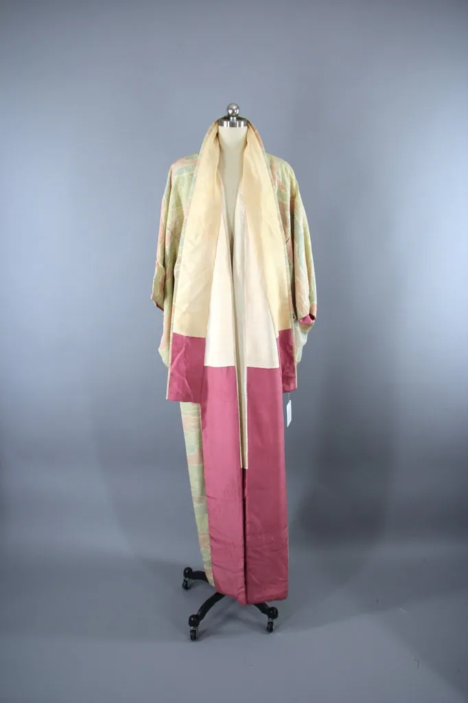 1950s Vintage Silk Kimono Robe / Yellow Magenta Tiny Print