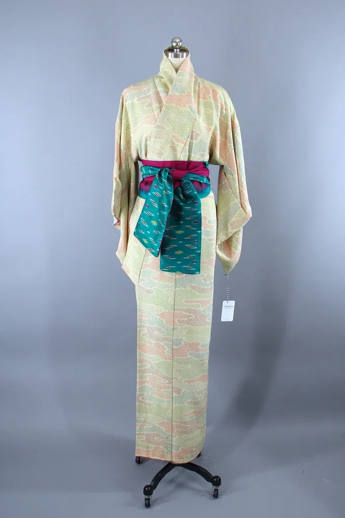 1950s Vintage Silk Kimono Robe / Yellow Magenta Tiny Print