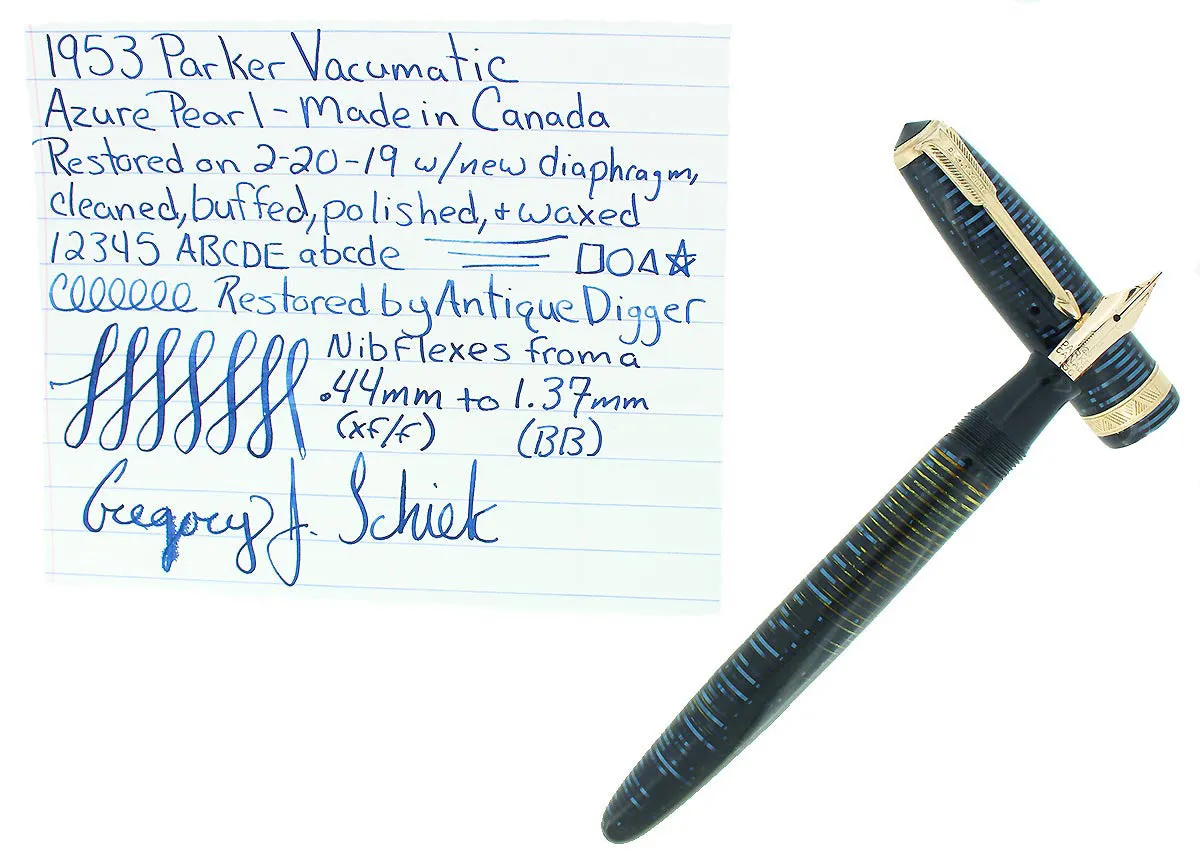 1953 PARKER AZURE PEARL VACUMATIC FOUNTAIN PEN F-BB FLEX NIB RESTORED