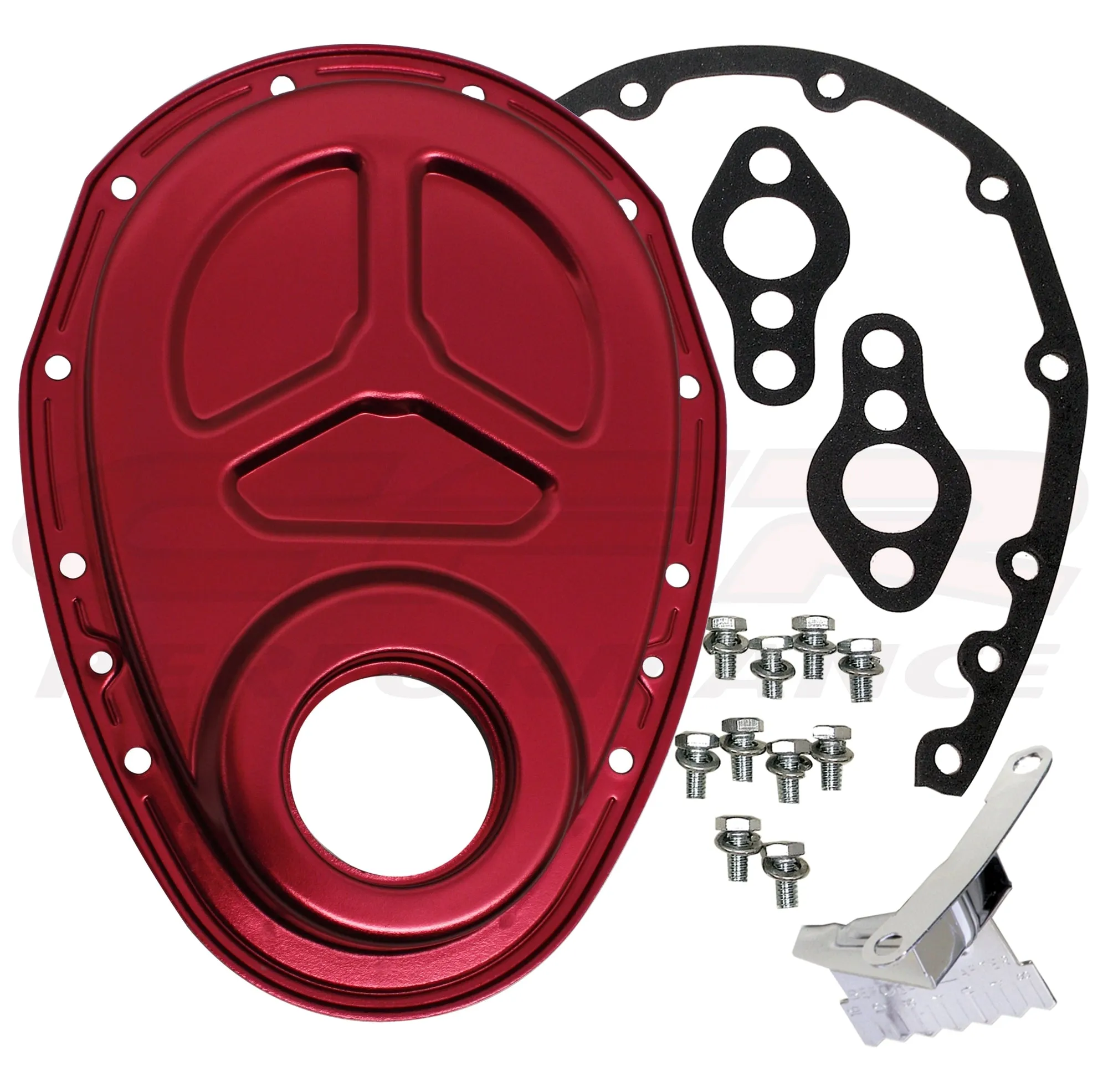 1955-95 CHEVY SMALL BLOCK 283-305-327-350-400 ALUMINUM TIMING CHAIN COVER SET (ROLLER CAM) - RED