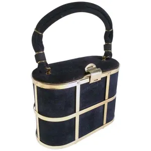 1960s Handbag Navy Blue Suede and Gold Cage Box Purse