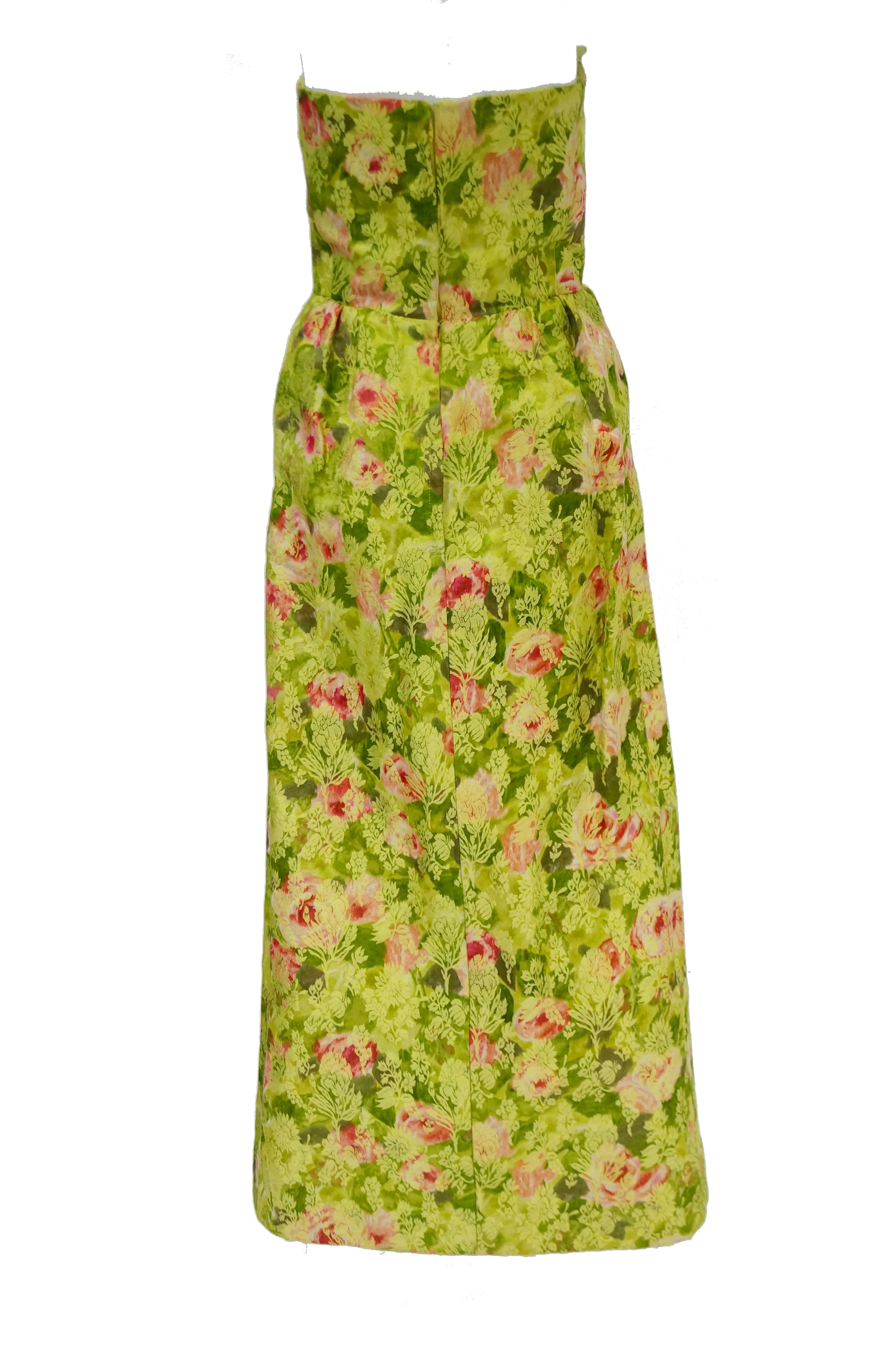 1960s I. Magnin Apple Green and Pink Floral Empire Waist Evening Dress