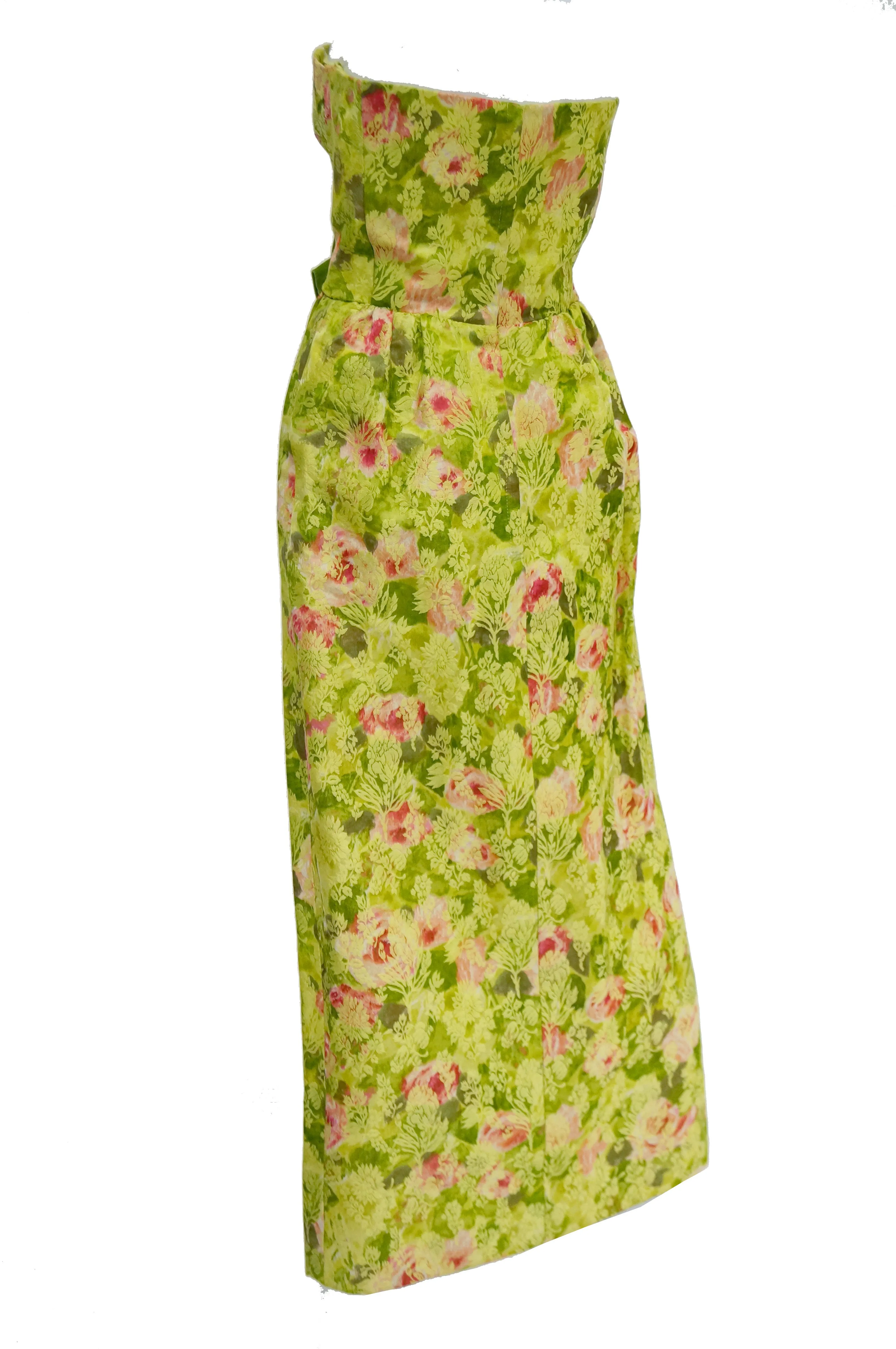 1960s I. Magnin Apple Green and Pink Floral Empire Waist Evening Dress