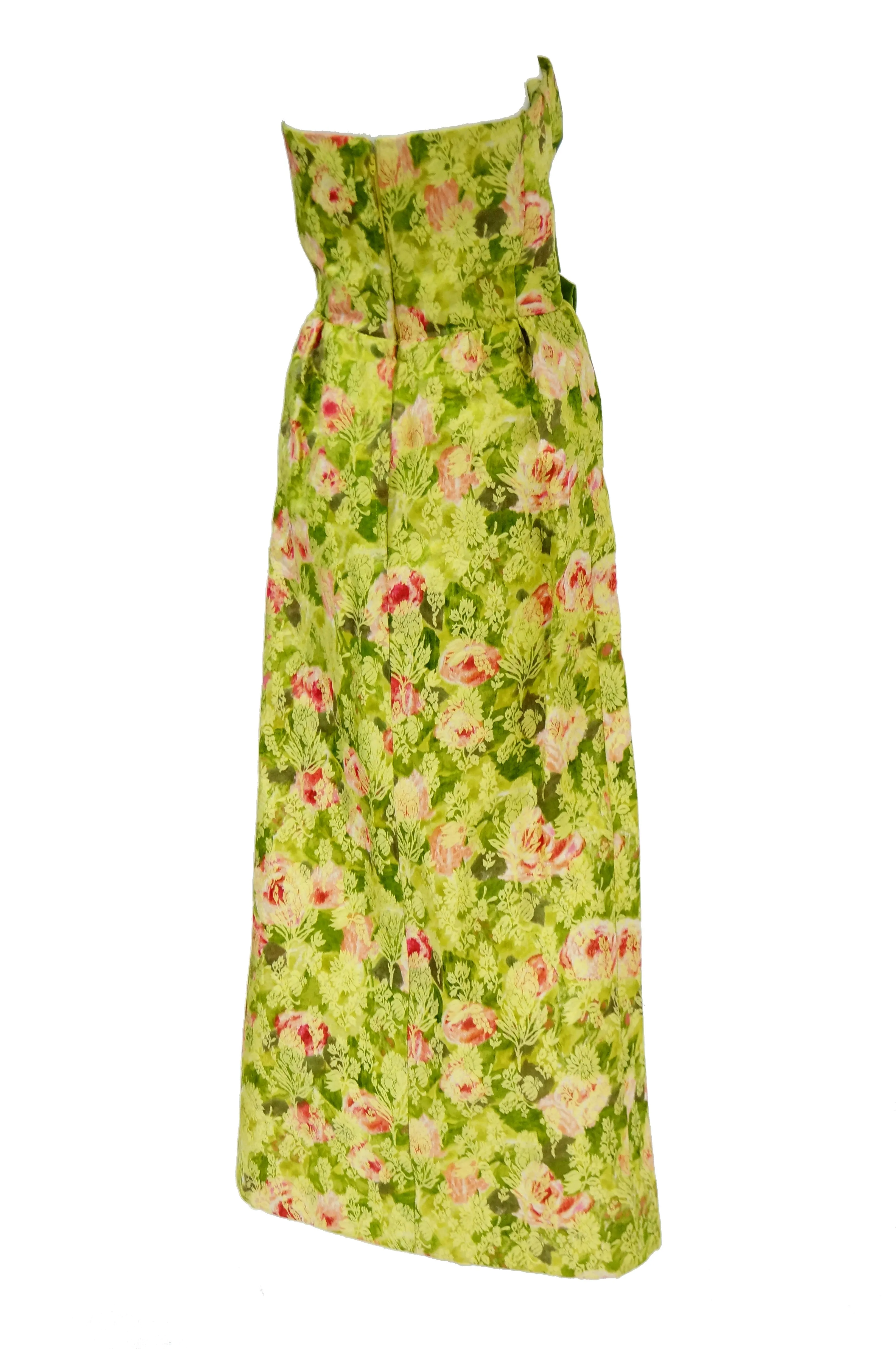 1960s I. Magnin Apple Green and Pink Floral Empire Waist Evening Dress