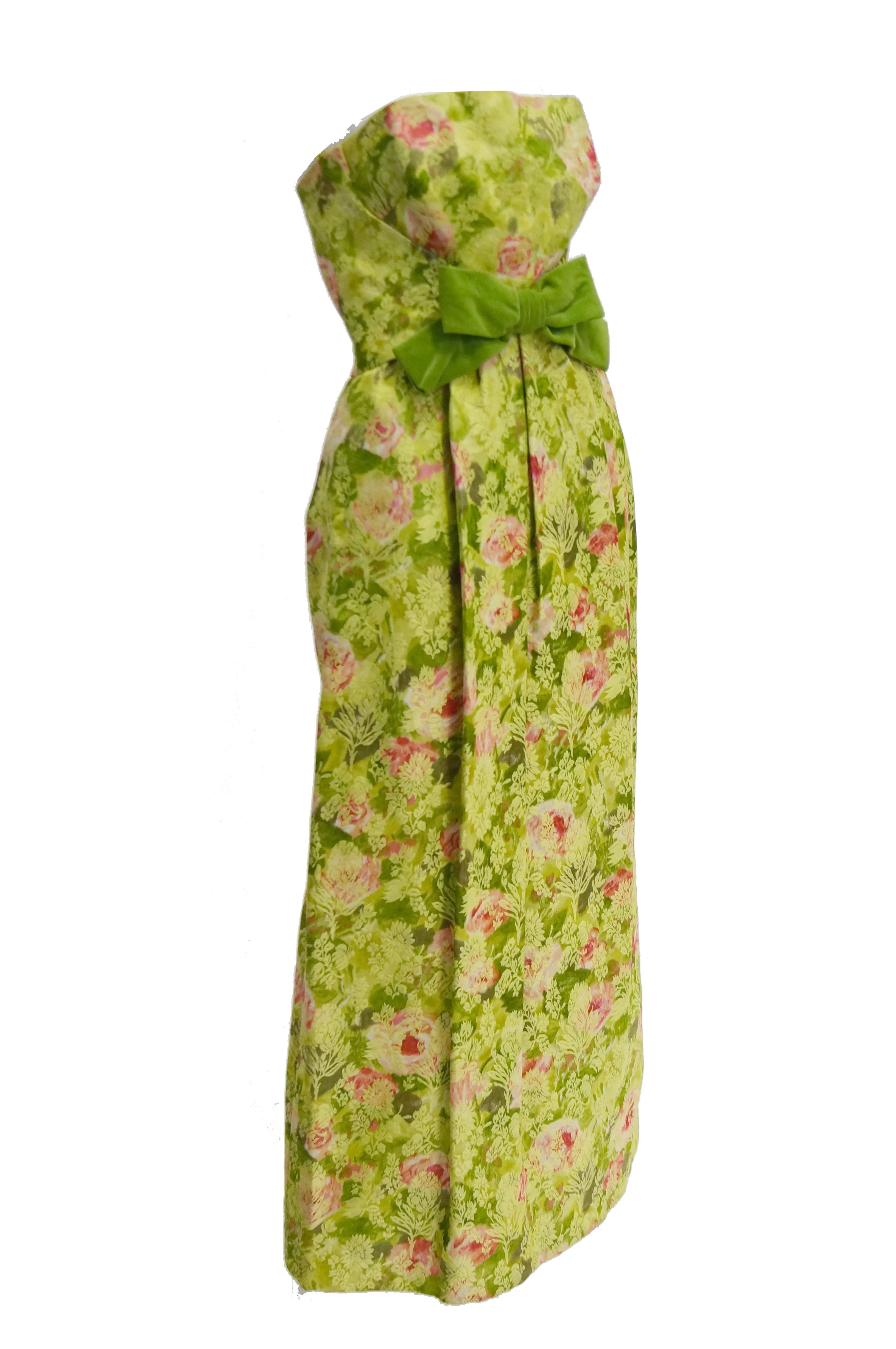 1960s I. Magnin Apple Green and Pink Floral Empire Waist Evening Dress