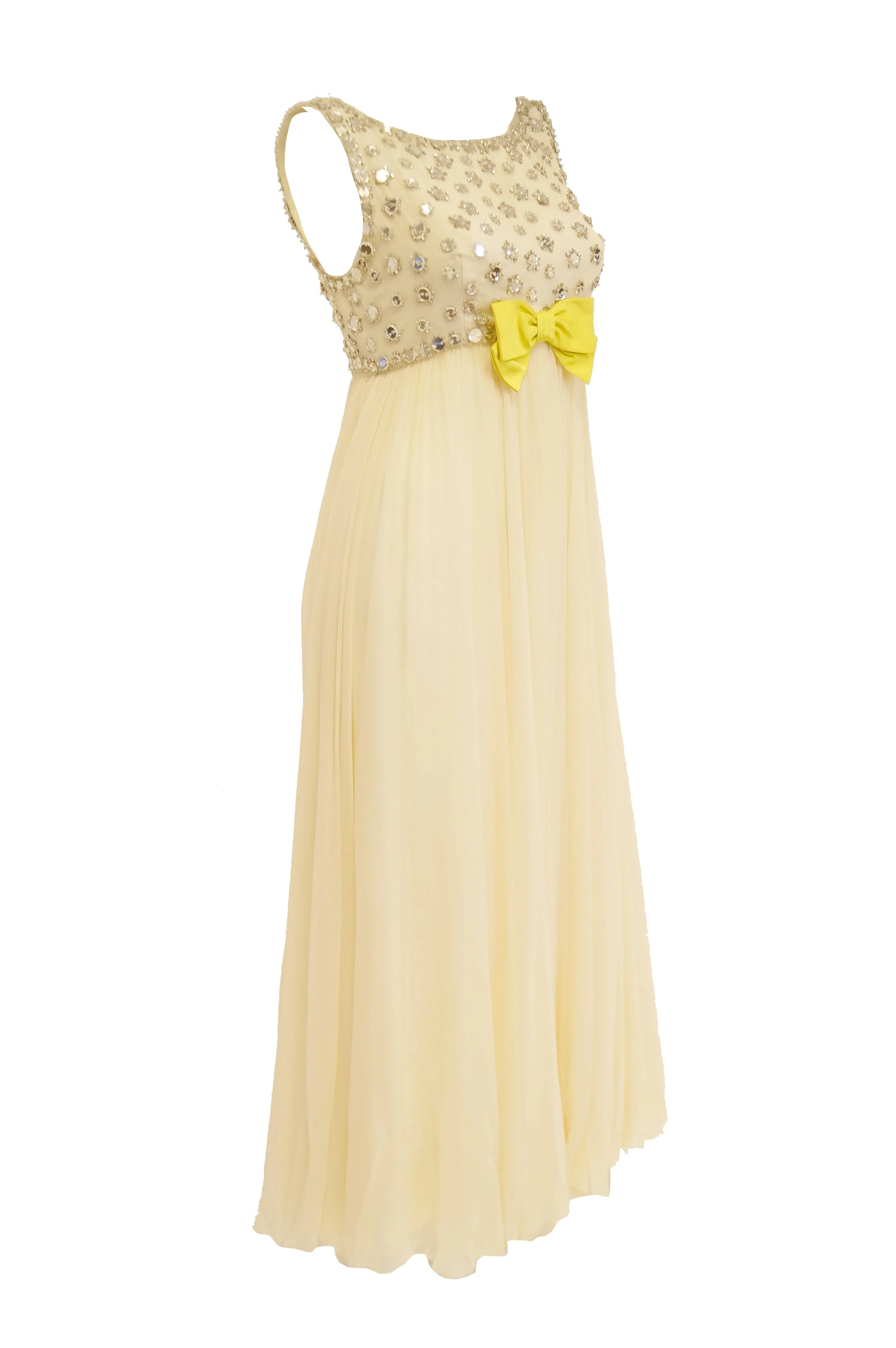 1960s Lillie Rubin Cream Dress with Neon Yellow Bow and Mirror Sequin Detail