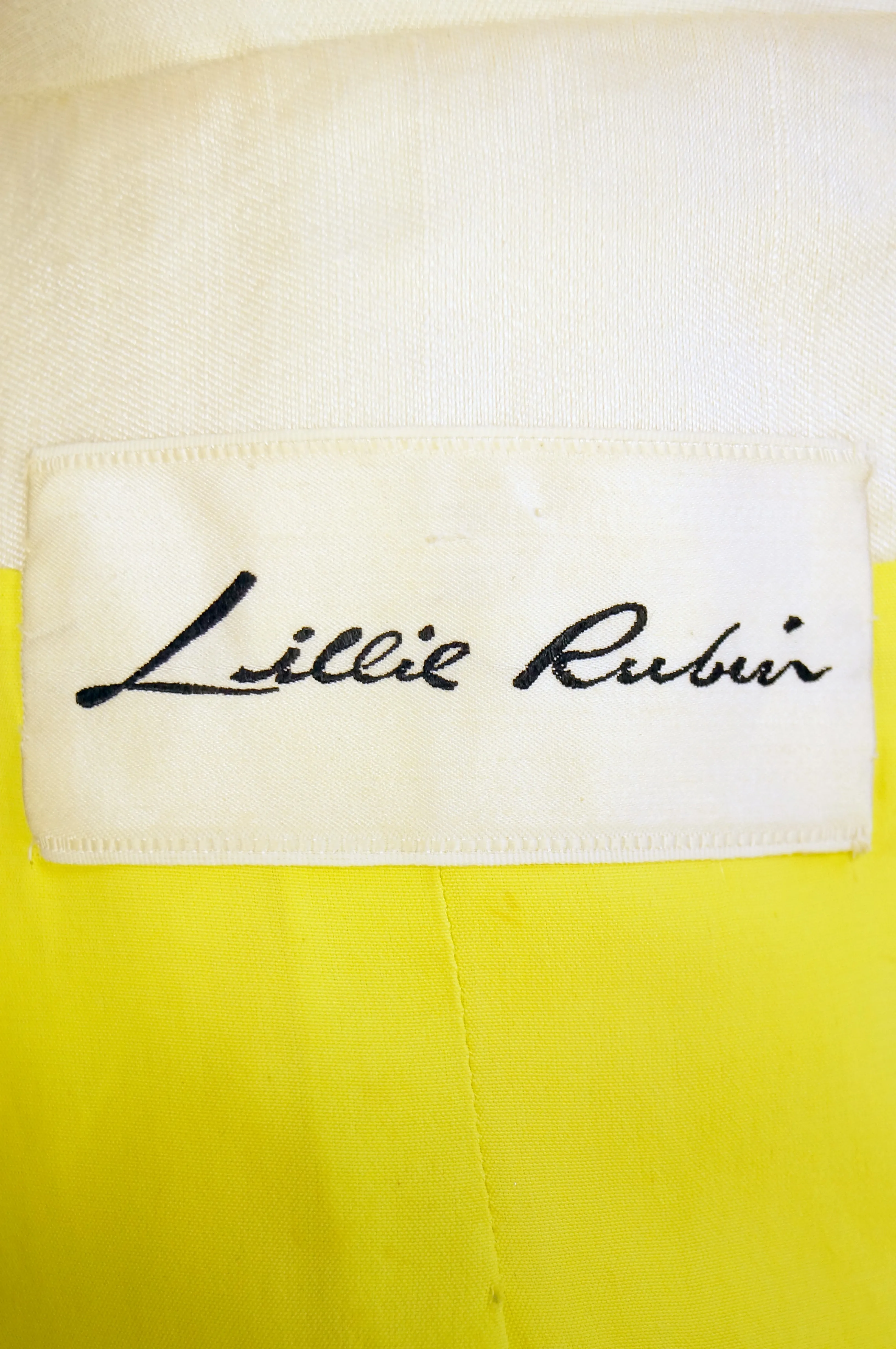 1960s Lillie Rubin Cream Dress with Neon Yellow Bow and Mirror Sequin Detail