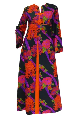 1960s Thai Silk Black, Purple, and Red Chrysanthemum Floral Maxi Dress