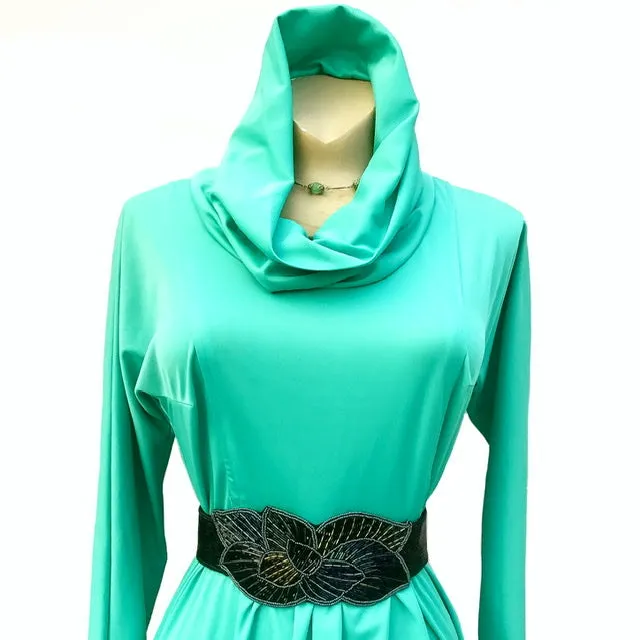 1970s Cool Green Maxi Dress with Cowl Collar Hood