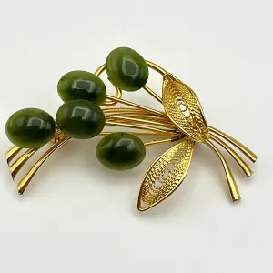 1970s Filigree & Green Cabochon Flower Brooch