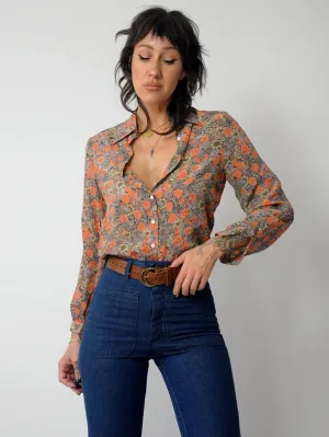 1970's French Floral Silk Blouse