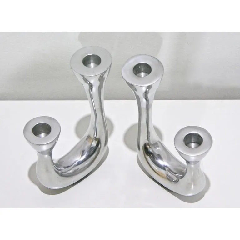 1970s Vintage Italian Pair of Polished Cast Aluminum Modern Candlesticks