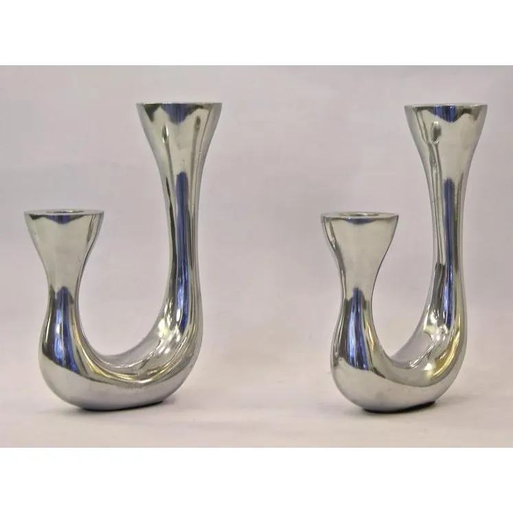 1970s Vintage Italian Pair of Polished Cast Aluminum Modern Candlesticks