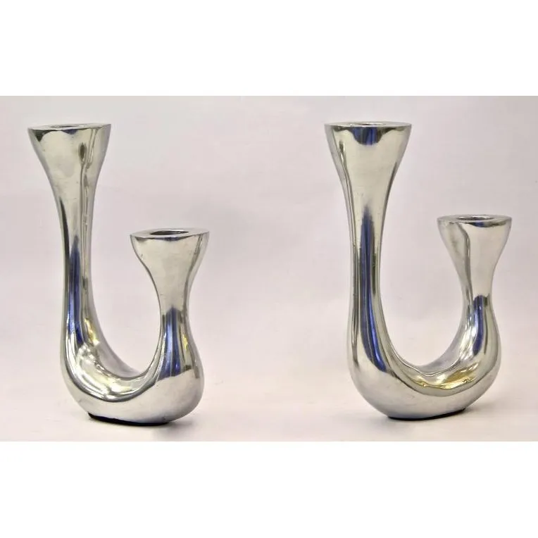 1970s Vintage Italian Pair of Polished Cast Aluminum Modern Candlesticks