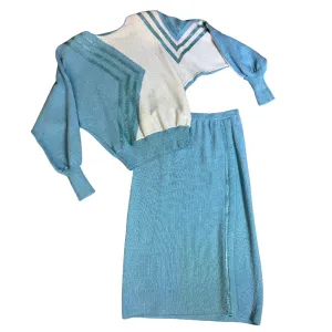 1980s Blue and White Color-Block Abstract Sweater Set by Lillie Rubin