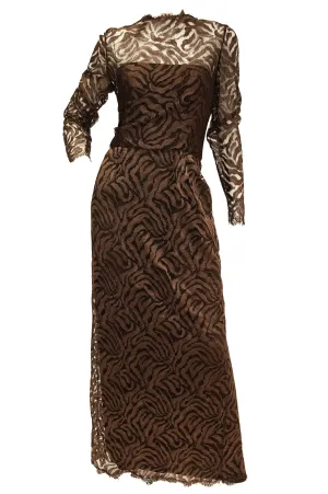 1980s Stanley Platos Martin Ross Floor Length Umber Lace Evening Dress