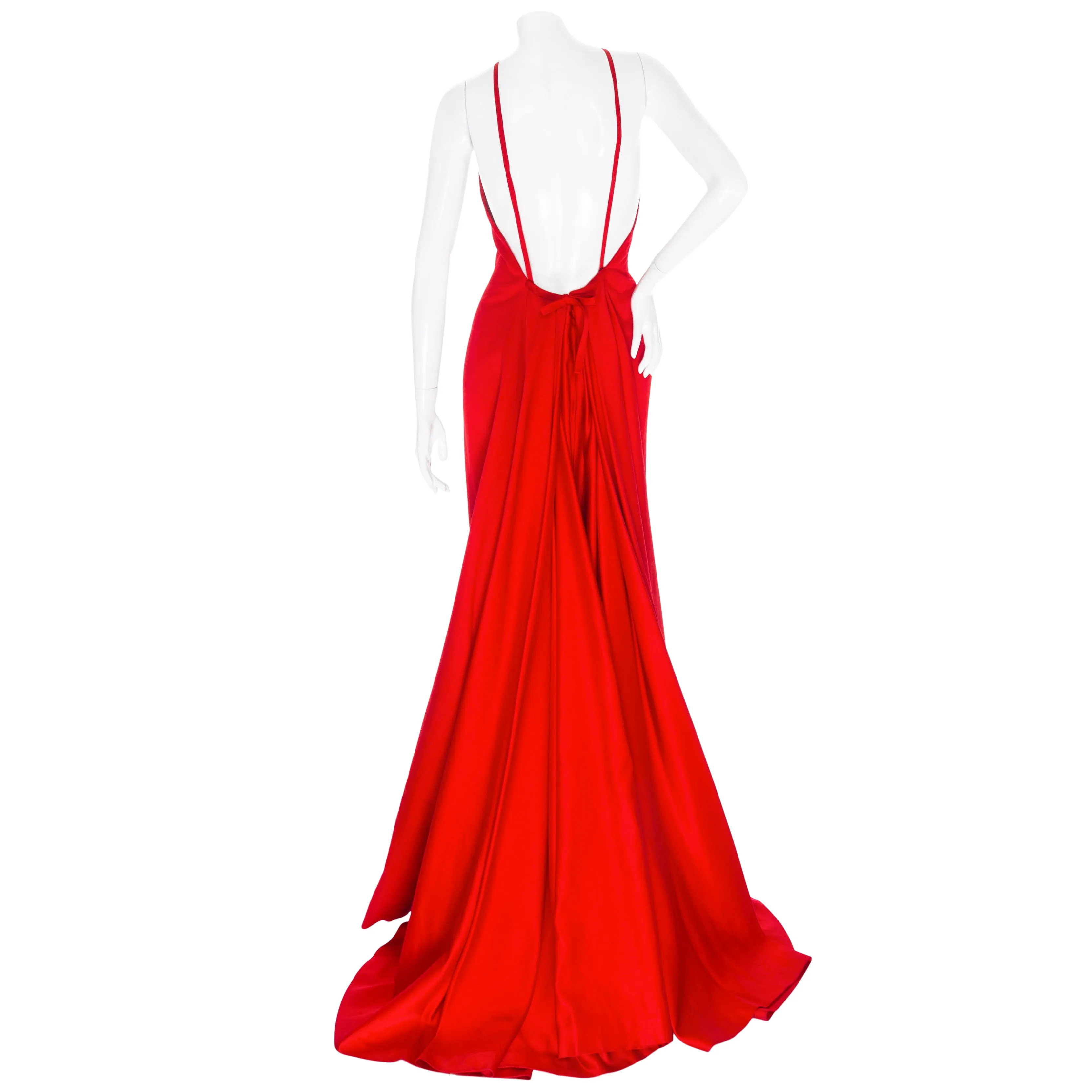 1990s Red Satin Crew Neck Bow Back Gown