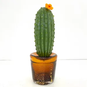 1990s Vintage Italian Green Murano Glass Tall Cactus Plant with Orange Flower