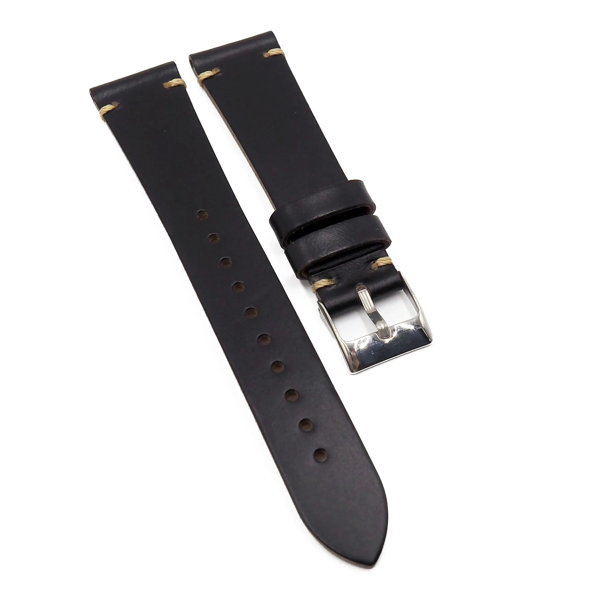 19mm, 20mm Vintage Style Black Horween Leather Watch Strap