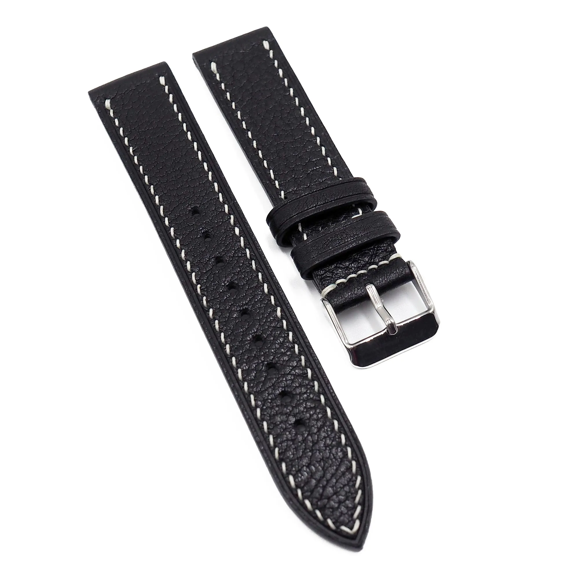 19mm Italy Black Litchi Grain Calf Leather Watch Strap, Handmade Stitching