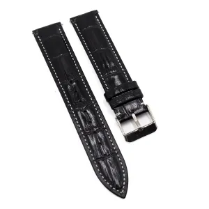 19mm Waxed Black Alligator-Embossed Calf Leather Watch Strap, White Stitching, Quick Release Spring Bars