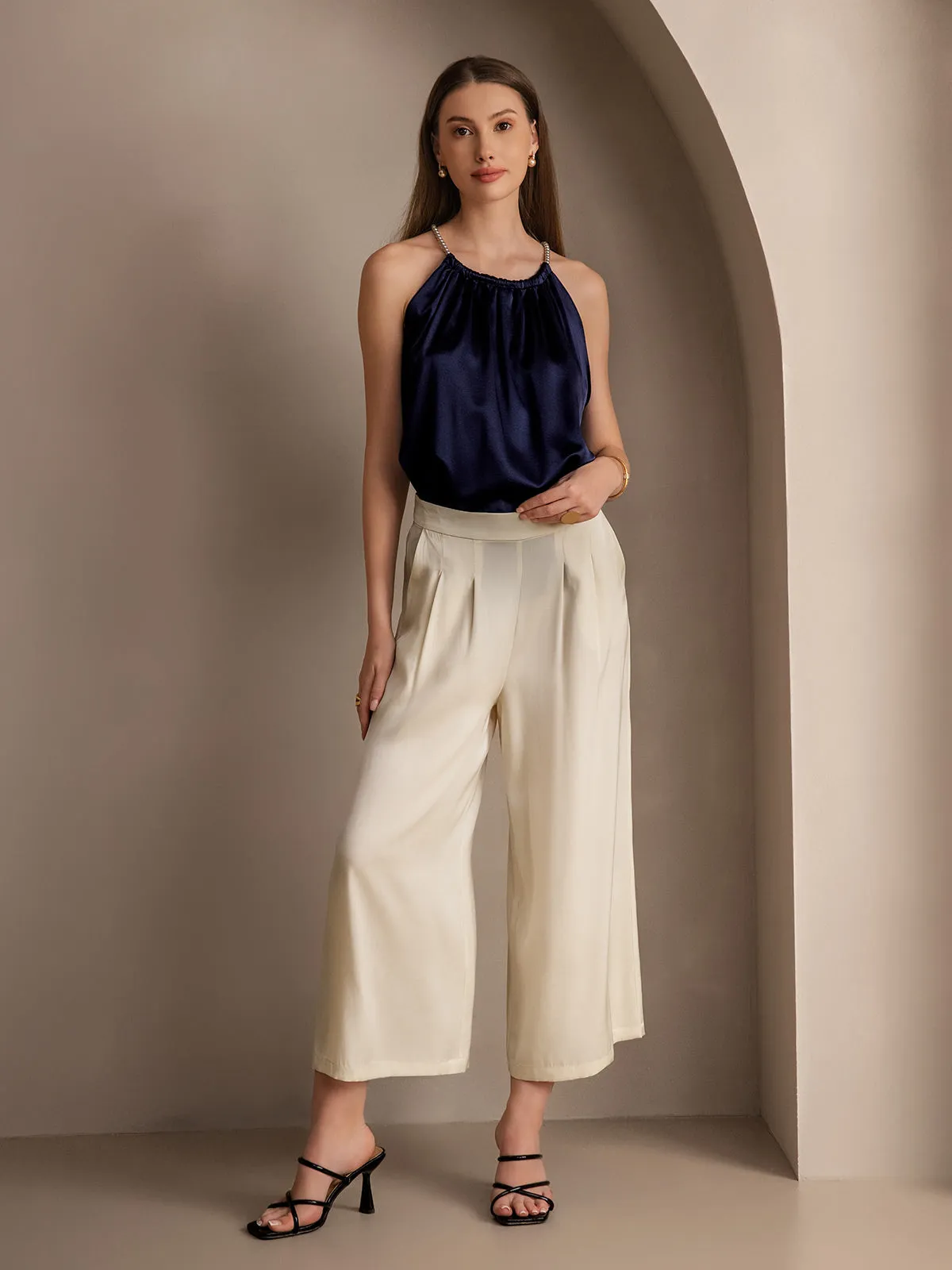 19Momme Silk Solid Color Casual Smooth Wide Leg Pants