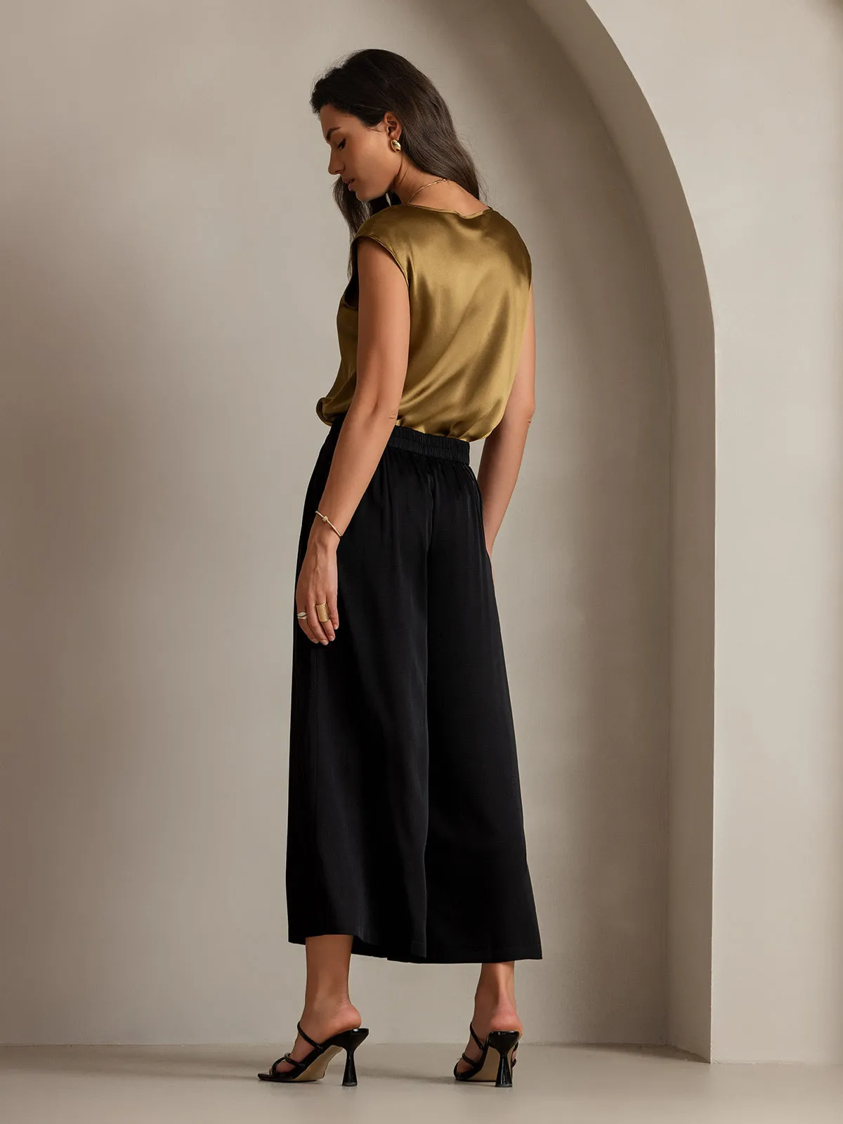 19Momme Silk Solid Color Casual Smooth Wide Leg Pants