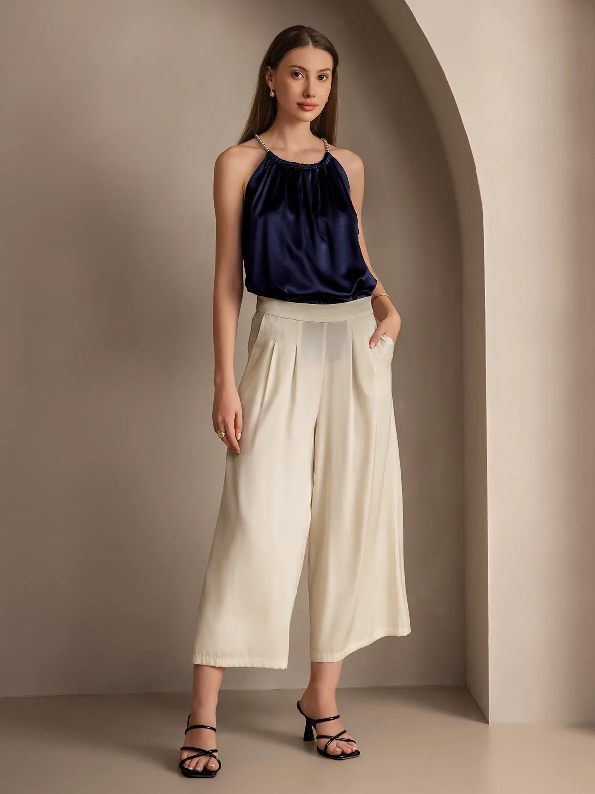 19Momme Silk Solid Color Casual Smooth Wide Leg Pants