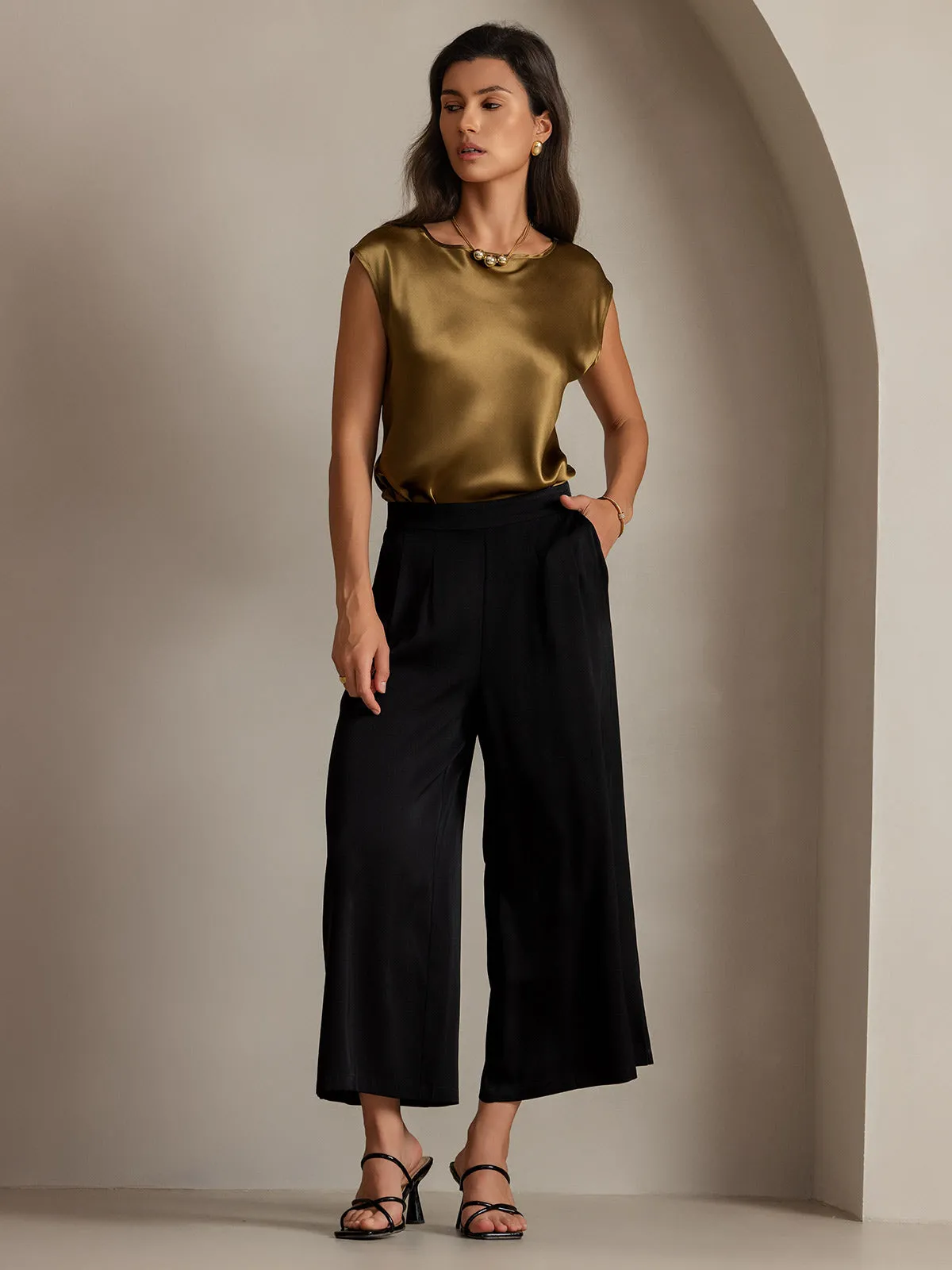 19Momme Silk Solid Color Casual Smooth Wide Leg Pants