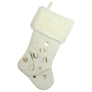 19" Ivory White and Gold "Joy" Christmas Stocking with White Faux Fur Cuff