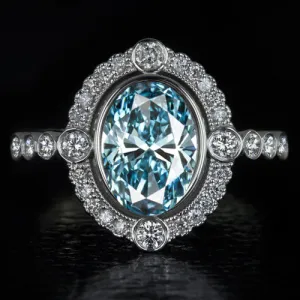 1ct FANCY VIVID BLUE LAB CREATED DIAMOND COCKTAIL RING VINTAGE STYLE HALO OVAL