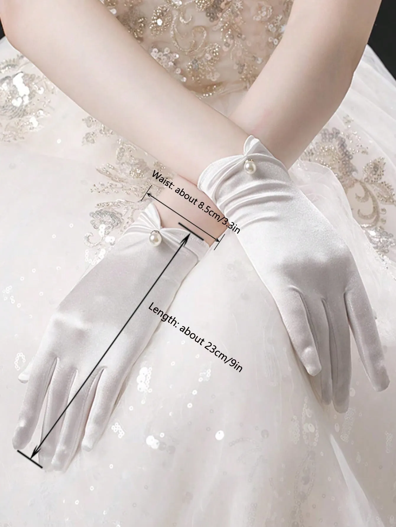 1pc Children's Dress Gloves For Girls, White/Black Spring/Summer Pearl Imitation Satin Gloves For Weddings, Performances, Dance, And Bridal Accessories