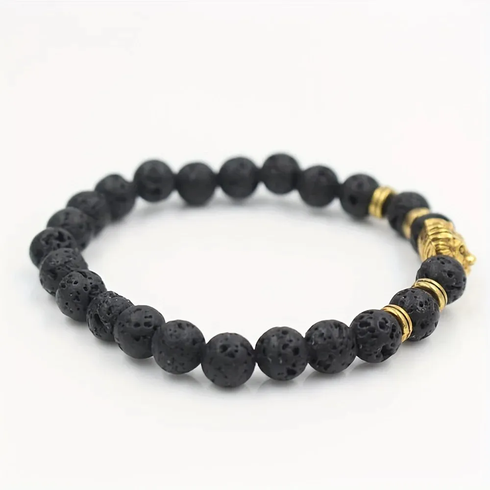 1pc Lava Volcanic Stone Bracelet With Fashionable Alloy Lion Head For Men