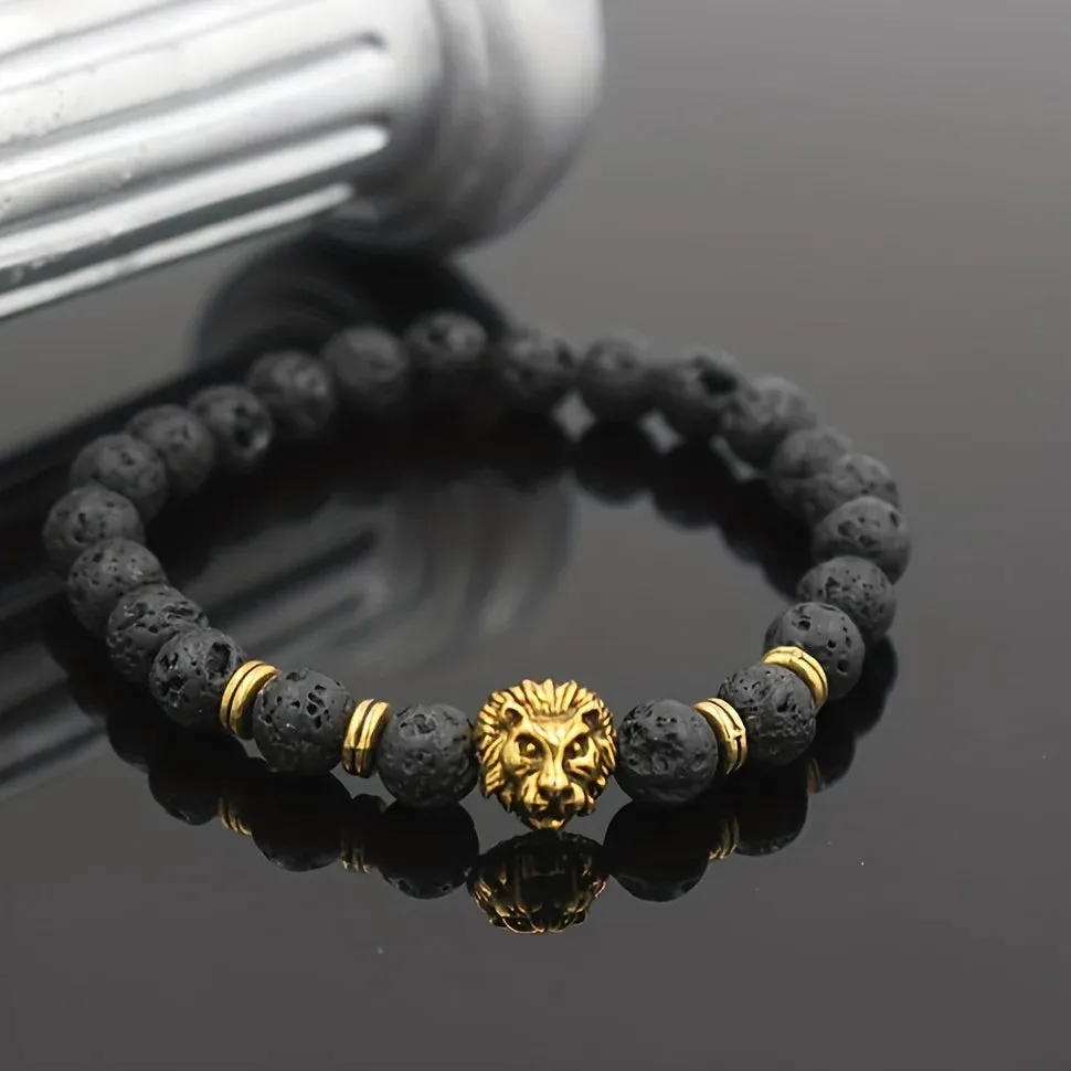 1pc Lava Volcanic Stone Bracelet With Fashionable Alloy Lion Head For Men