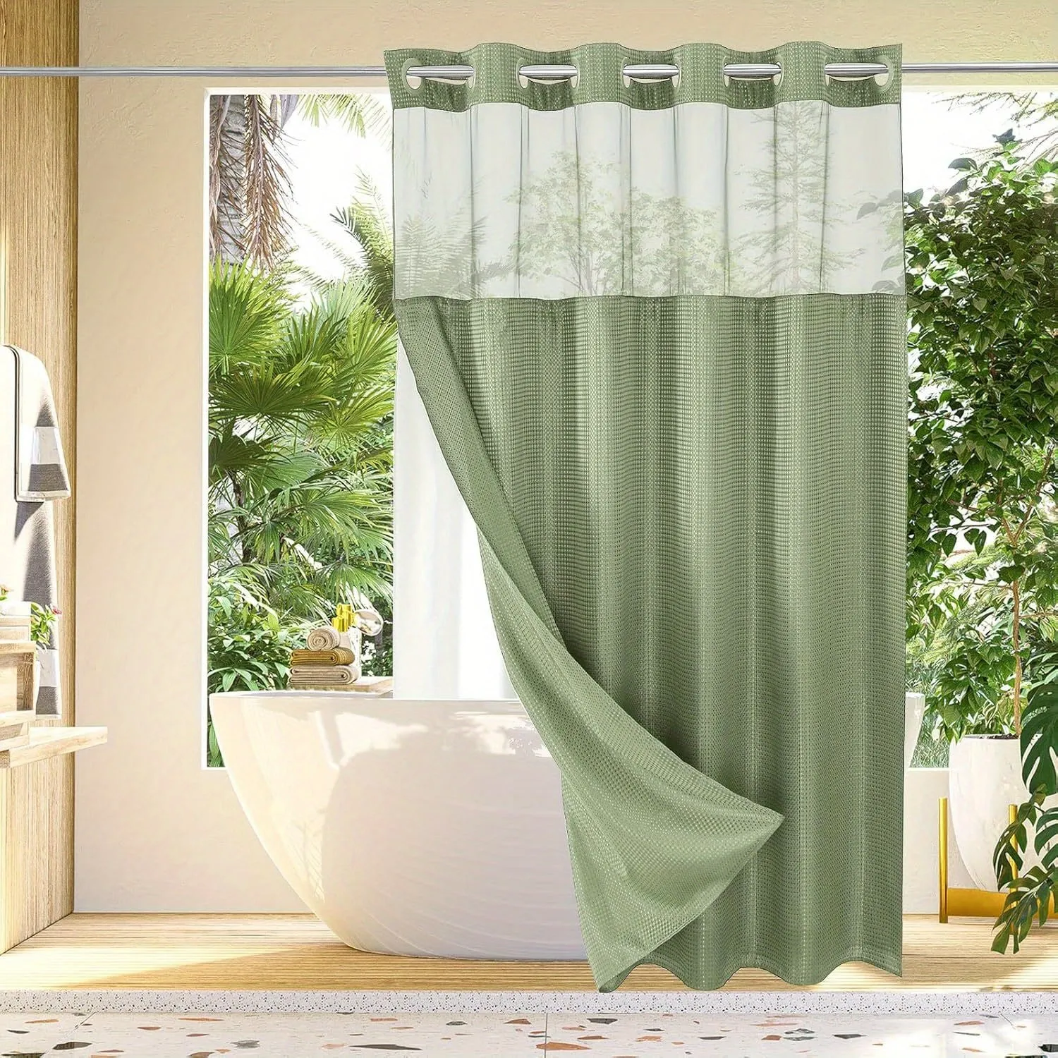 1pc No Hook Waffle Weave Shower Curtain With Snap-in Fabric Liner Set For Bathroom, Hotel Style With Mesh Top Window, Waterproof & Washable